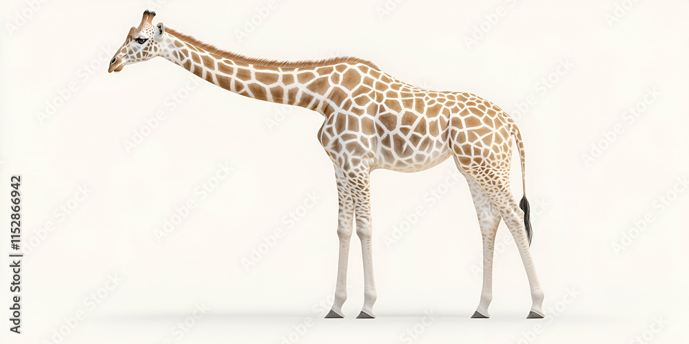 Naklejka premium Giraffe in Profile, Elegant Posture, Standing Gracefully on White Background. Wild African Animal Exudes Majesty in Natural Habitat.