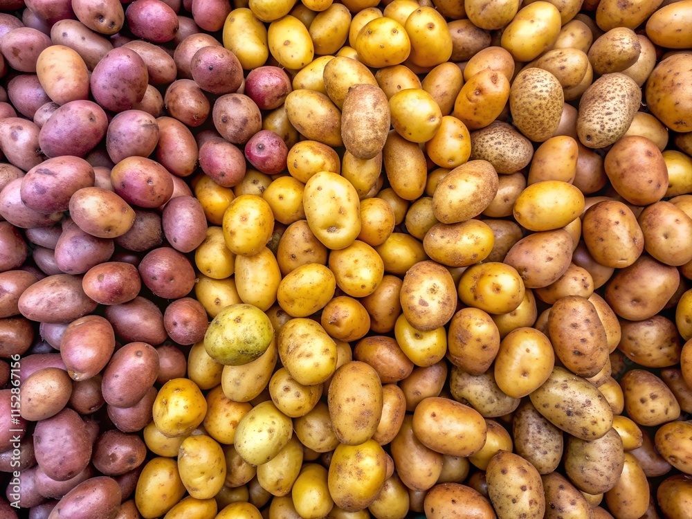 A vibrant array of fresh potatoes in various shades, including purple, yellow, and brown, fills a market stall. Shoppers browse and admire the diverse selection under the bright sun A vibrant array of fresh potatoes in various shades, including purple, yellow, and brown, fills a market stall. Shoppers browse and admire the diverse selection under the bright sun