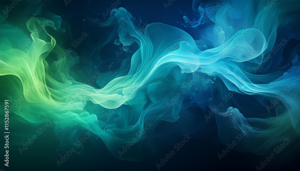 Green-blue smoke in neon light on black background. Green-blue smoke in neon light on black background.