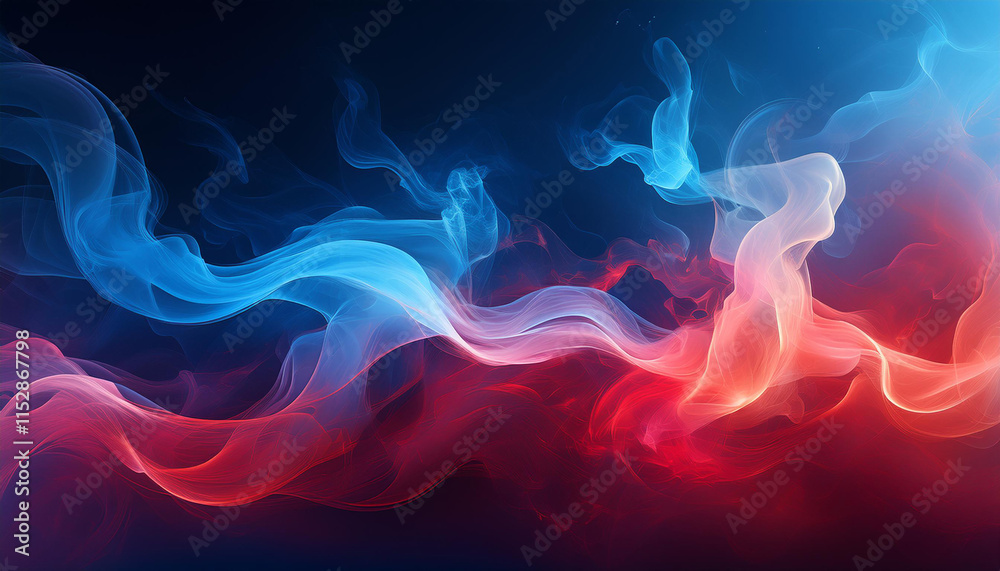 Fototapeta premium Artificial smoke in red-blue light on black background in darkness