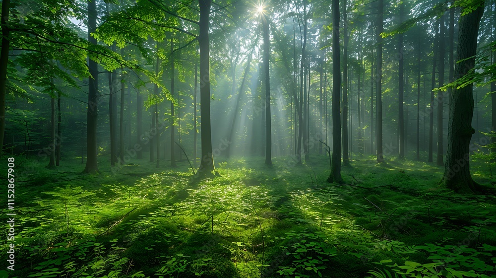 Fototapeta premium Serene forest with morning fog