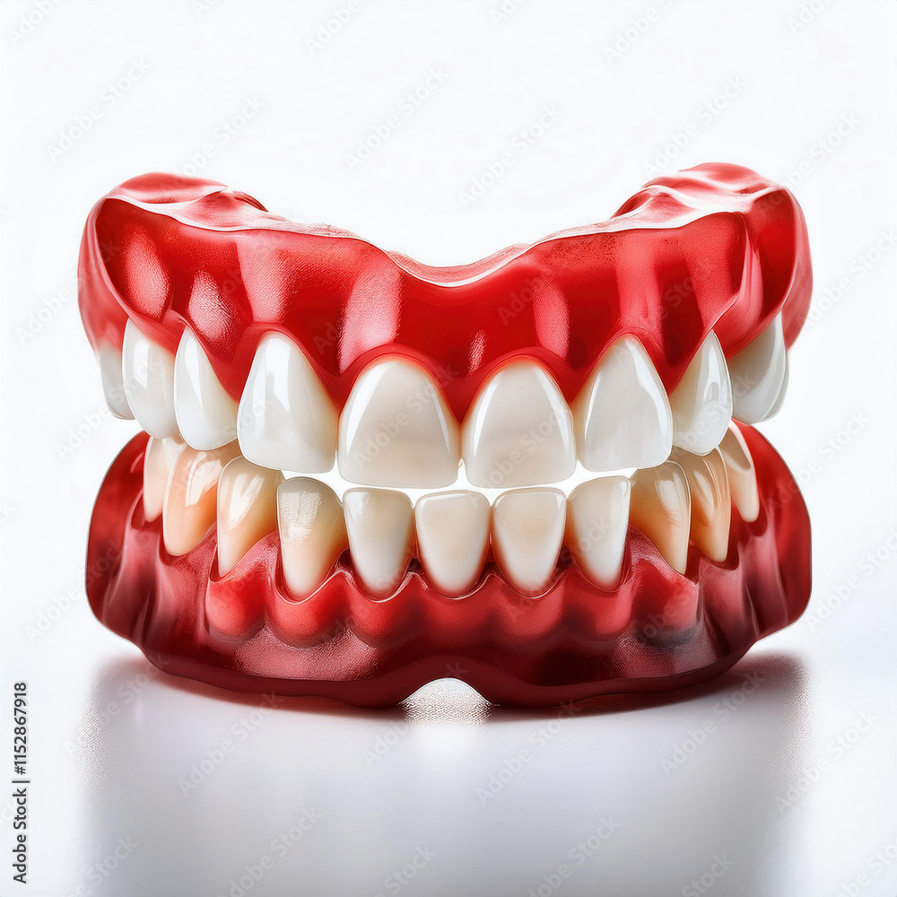 Obraz premium A complete set of dental dentures shows both upper and lower teeth rows against a white background.