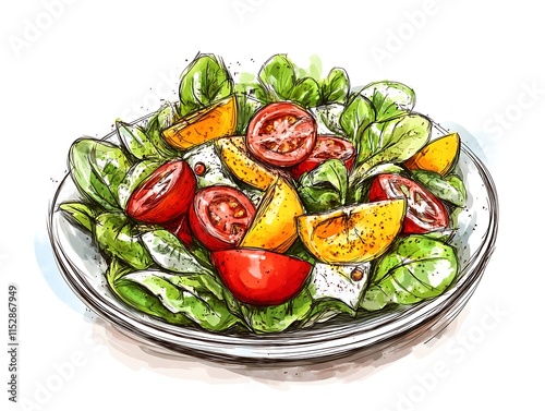 Vibrant Hand-Drawn Illustration: Fresh Tomato and Spinach Salad on a Plate. AI Generated