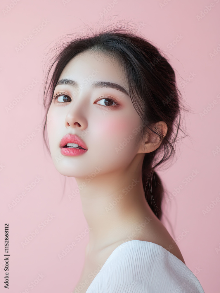Elegant East Asian woman with black hair in white dress posing softly against pink pastel background with natural makeup and soft expression Elegant East Asian woman with black hair in white dress posing softly against pink pastel background with natural makeup and soft expression
