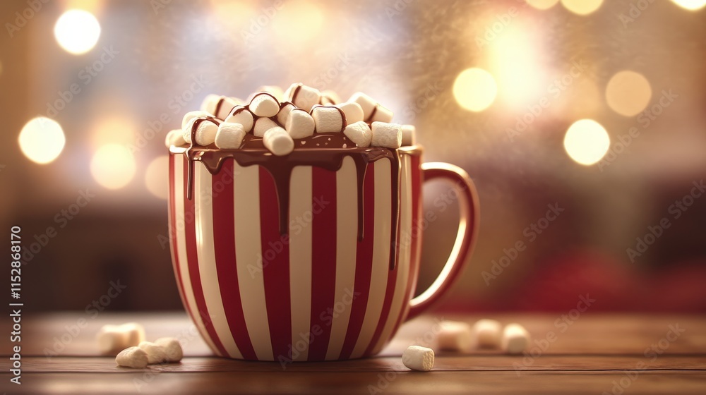 Fototapeta premium A Red Striped Mug Filled With Hot Chocolate and Marshmallows