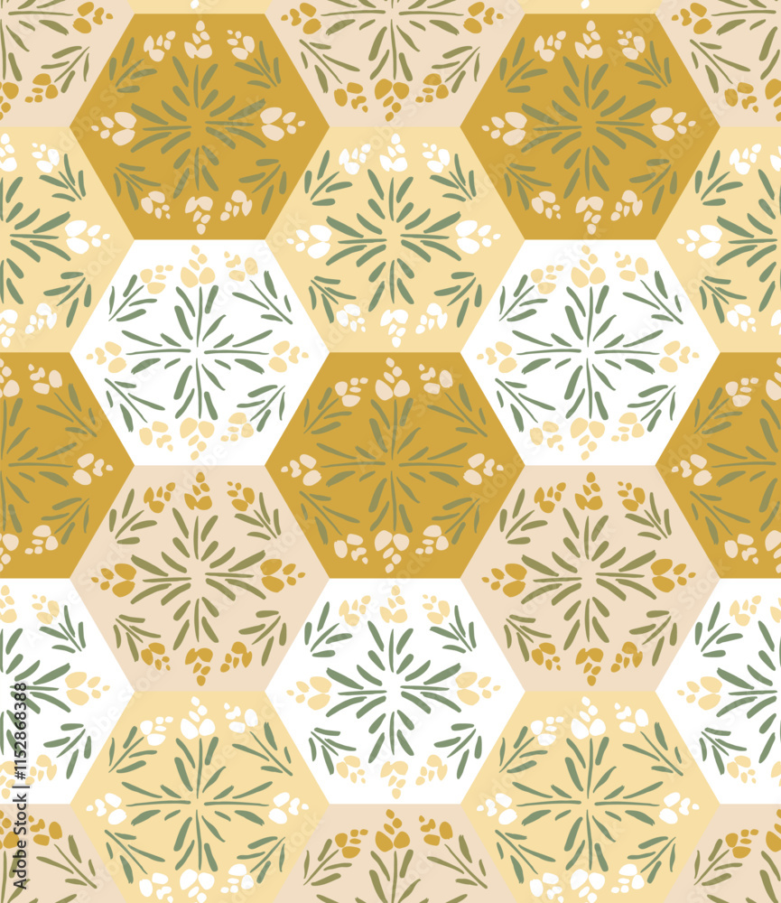 Hand painted little flowers and leaves arranged in hexagon tile shape in a neutral color palette of mustard, yellow, cream, white and green. A seamless vector pattern. Great for homedecor,fabric,gifts Hand painted little flowers and leaves arranged in hexagon tile shape in a neutral color palette of mustard, yellow, cream, white and green. A seamless vector pattern. Great for homedecor,fabric,gifts