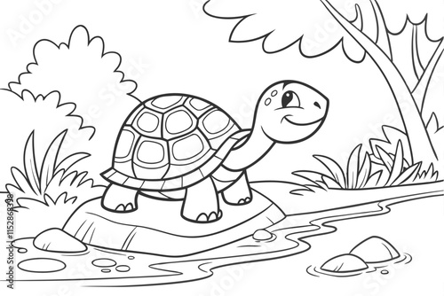 coloring page of a small turtle with a smooth shell and a content smile D.eps