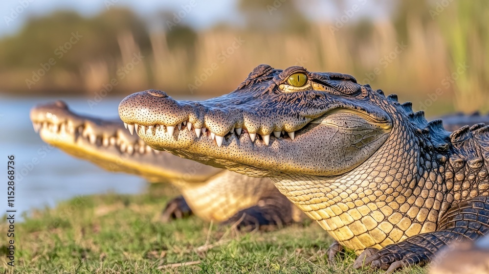 Obraz premium Close-Up of Crocodiles Resting by the Water's Edge with Stunning Detail Capturing Their Unique Texture and Intricate Features in Natural Habitat