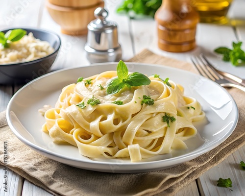 A delightful plate of fettuccine alfredo showcases creamy sauce enveloping the pasta, garnished with fresh basil. Perfectly set on a rustic table adorned with herbs and cheese photo