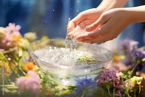 A close-up captures hands gently pouring water over a glass bowl of herbs and flowers, embodying renewal and cleansing against a softly blurred backdrop. photo