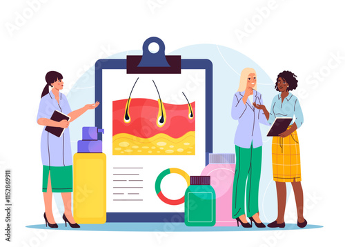 Team of dermatologists. Woman in medical uniform studies structure of dermis. Dermatology and cosmetology. Healthcare and medicine. Doctors with cosmetic products. Flat vector illustration