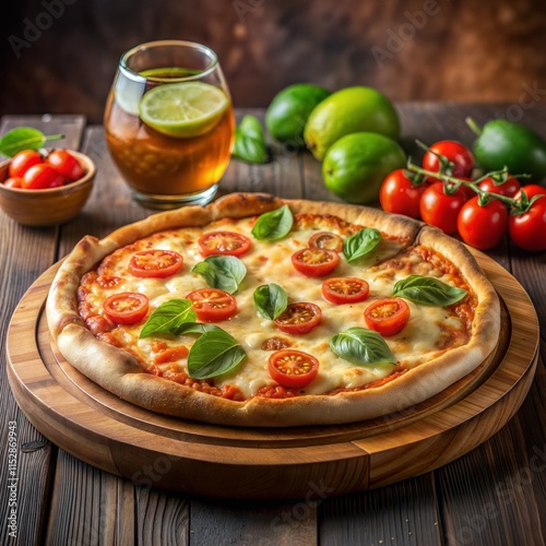 A delicious pizza with vibrant tomato slices and fresh basil rests on a wooden cutting board, accompanied by a chilled drink and fresh limes. The rustic kitchen ambiance enhances the meal\'s appeal photo