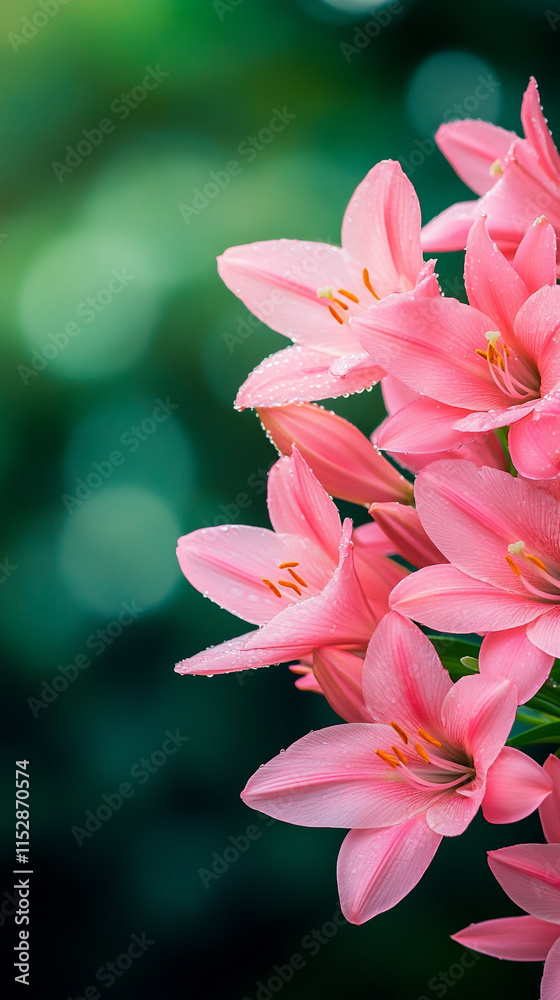 A stunning close-up view of blooming pink lilies against a soft green background, showcasing their delicate beauty. A stunning close-up view of blooming pink lilies against a soft green background, showcasing their delicate beauty.