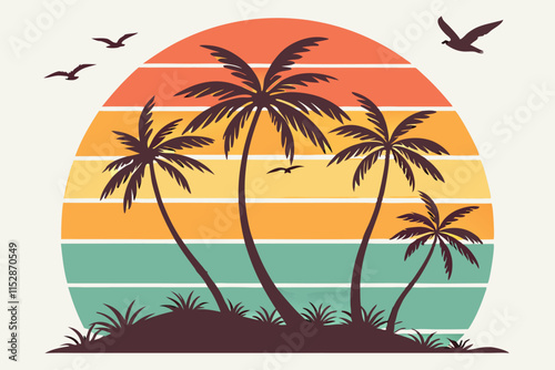 Wallpaper Mural retro-style design featuring a circular sunset with horizontal stripes of orange, yellow A.eps Torontodigital.ca