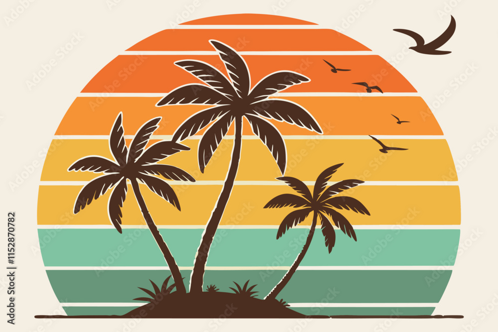 Fototapeta premium retro-style design featuring a circular sunset with horizontal stripes of orange, yellow C.eps