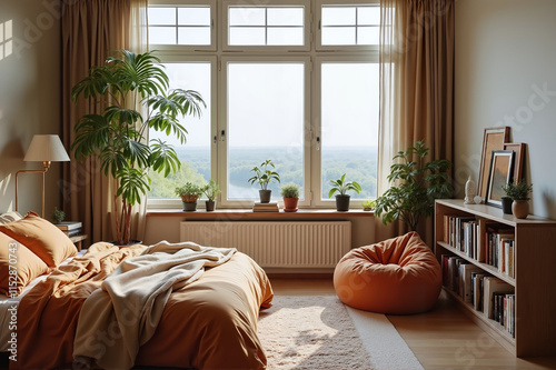 Cozy Bedroom with Lush Plants Overlooking Serene Landscape through Large Windows
