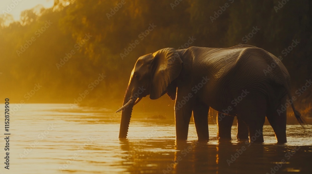 Fototapeta premium Majestic Elephant Relaxing by Serene River at Sunset, Capturing Nature’s Beauty with Glowing Golden Light Reflected on Water Surface in Peaceful Wilderness Environment