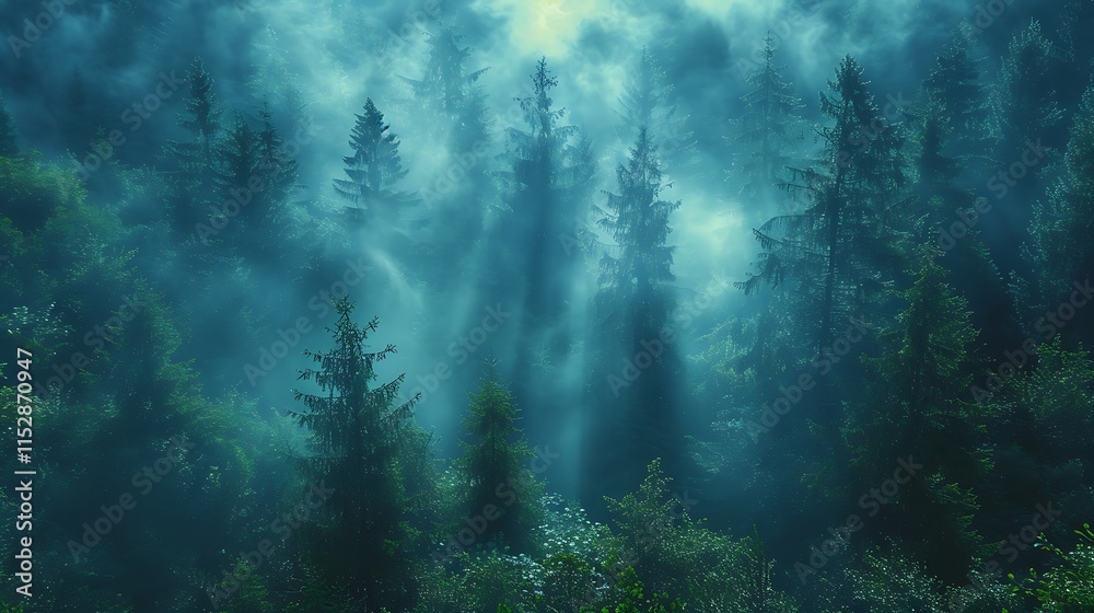 Serene forest with morning fog Serene forest with morning fog