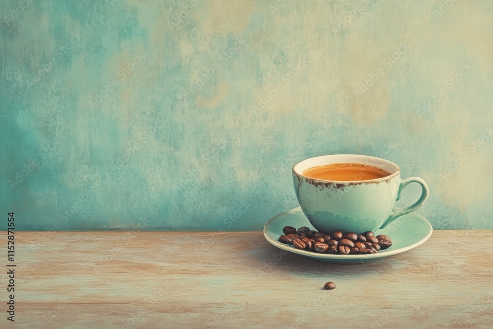 Teal coffee cup and saucer with coffee beans on wooden table against textured teal background. Teal coffee cup and saucer with coffee beans on wooden table against textured teal background.
