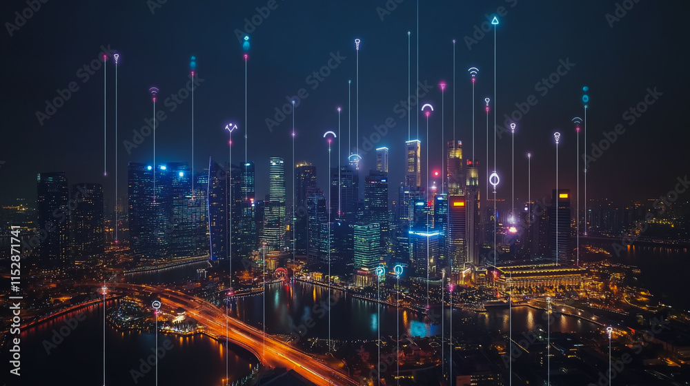 Smart digital city with connection cyber security network reciprocity over the cityscape . future smart wireless digital city and social media networking systems that connects people within the city Smart digital city with connection cyber security network reciprocity over the cityscape . future smart wireless digital city and social media networking systems that connects people within the city