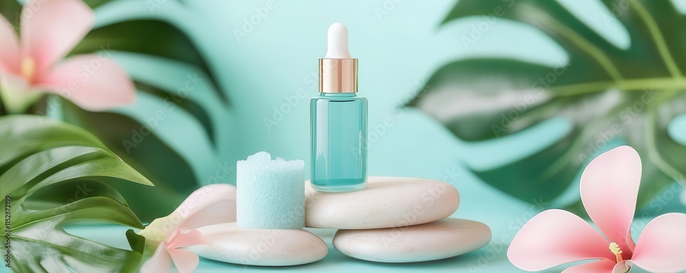 Serum and body scrub duo placed on smooth stones, surrounded by cute tropical leaves and flowers, pastel tones, skincare, serum, body scrub, cute aesthetic Serum and body scrub duo placed on smooth stones, surrounded by cute tropical leaves and flowers, pastel tones, skincare, serum, body scrub, cute aesthetic