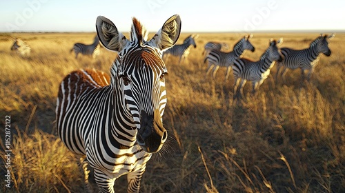 Zebra prints and african savannah concept, A close-up of a zebra in tall grass with a herd of zebras in the background during golden hour.