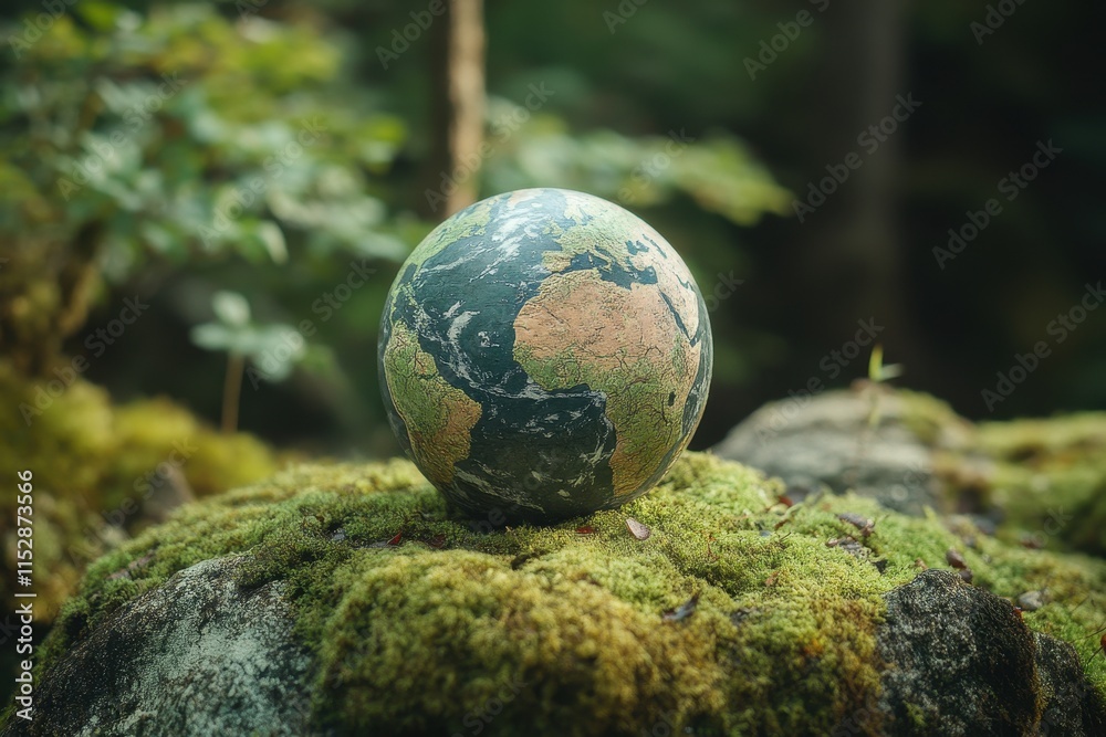 Earth globe resting on mossy rocks in a forest. Earth globe resting on mossy rocks in a forest.