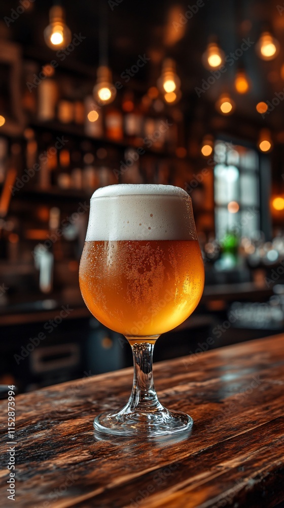 A beautifully crafted glass of golden beer with a frothy head, set against a softly lit bar backdrop adorned with warm, ambient lights. A beautifully crafted glass of golden beer with a frothy head, set against a softly lit bar backdrop adorned with warm, ambient lights.