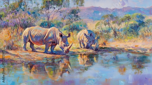 Majestic Rhinos Drinking at Serene Waterhole in Vibrant Landscape under a Colorful Sky with Reflections in Calm Water, Wildlife Conservation Artwork photo