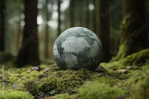 Earth globe resting on mossy forest floor. (8) photo