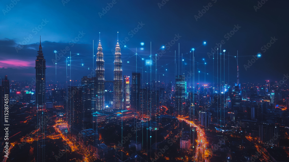 Fototapeta premium Smart digital city with connection cyber security network reciprocity over the cityscape . future smart wireless digital city and social media networking systems that connects people within the city