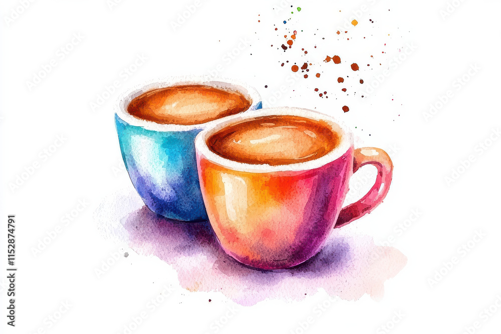 Fototapeta premium Two colorful espresso cups in watercolor art isolated design on white background