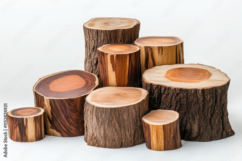 Wooden stumps of various sizes stacked on a white background. Wooden stumps of various sizes stacked on a white background.