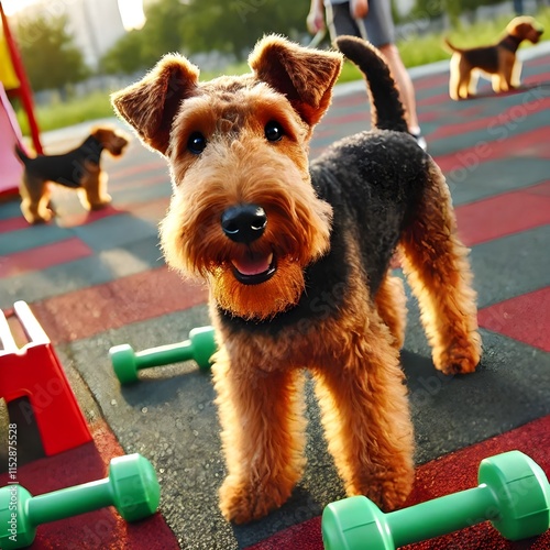 Portrait of welsh terrier dog training on playground outdoors