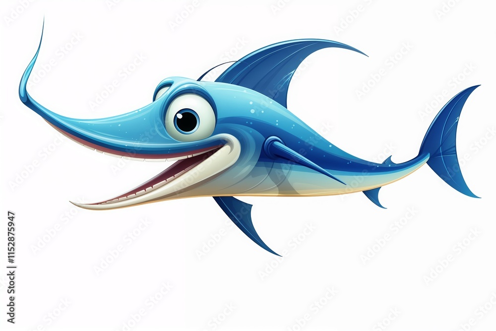 Fototapeta premium Cartoon swordfish with long pointed nose and smiling expression isolated on white background.Children's educational content, underwater adventure stories, marine life promotions, ocean conservation aw