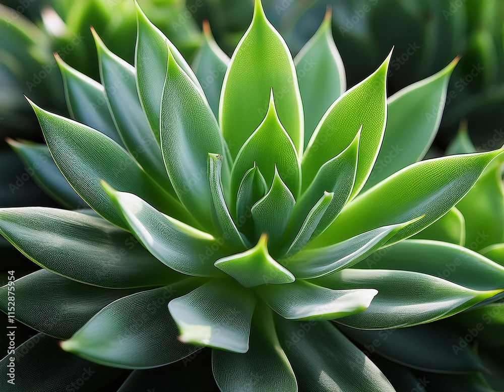 Fototapeta premium A vibrant green succulent plant displays its symmetrical rosette pattern of thick, pointed leaves in perfect detail.