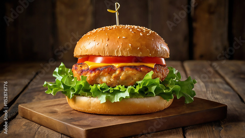 Delicious Cheeseburger with Lettuce an Tomato on Wooen Boar	 photo