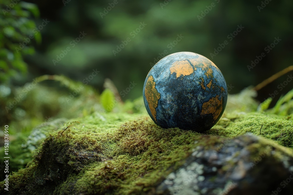 Small painted Earth globe resting on mossy rock in forest.
