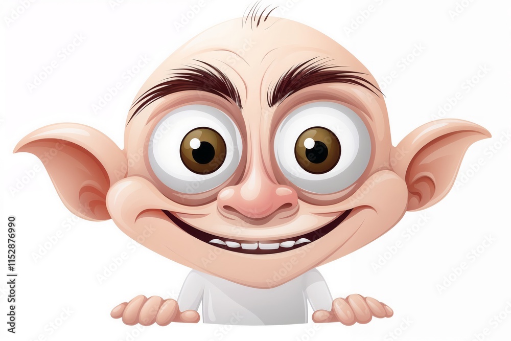 Obraz premium Cartoon character with large eyes, bald head, and expressive smile isolated on white background.Cartoon character design, digital illustrations, humorous expressions, creative storytelling.Confidence.