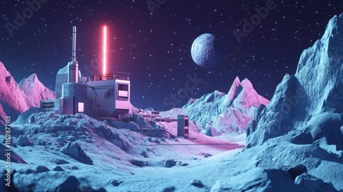 Futuristic Lunar Base Underneath Neon Moon photo