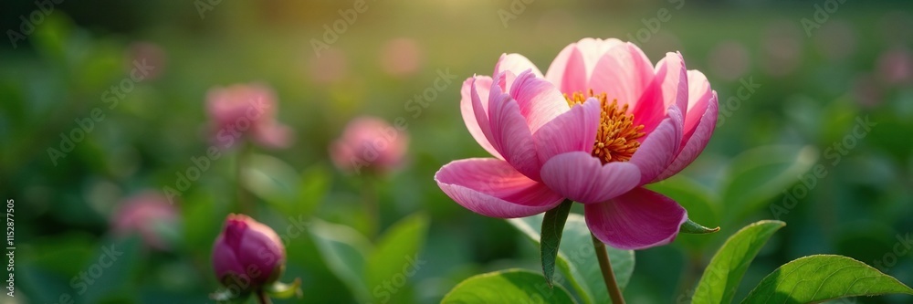 A delicate peony unfolding its petals in the morning dew, leafy, landscape A delicate peony unfolding its petals in the morning dew, leafy, landscape