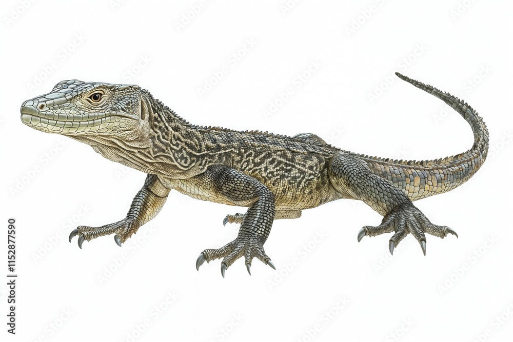 Lizard resembling a monitor, with long body, scaly skin, and large eyes isolated on white background.Wildlife illustrations, nature-themed designs, reptile education, animal illustrations for children Lizard resembling a monitor, with long body, scaly skin, and large eyes isolated on white background.Wildlife illustrations, nature-themed designs, reptile education, animal illustrations for children