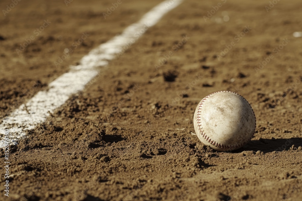 Used baseball sits near the foul line on a dusty baseball field.