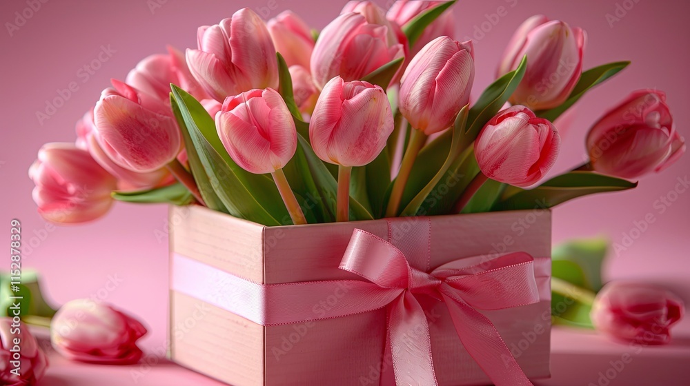Fototapeta premium Pink tulips arranged in a pink gift box tied with a pink ribbon.