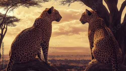 Two Leopards Resting on a Tree Branch Overlooking a Scenic African Landscape at Sunset with Beautiful Golden Hues and Dramatic Cloud Formation photo