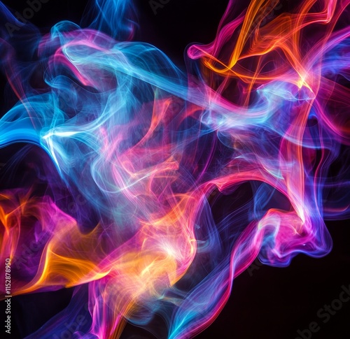 Abstract colorful smoke swirls on black background.