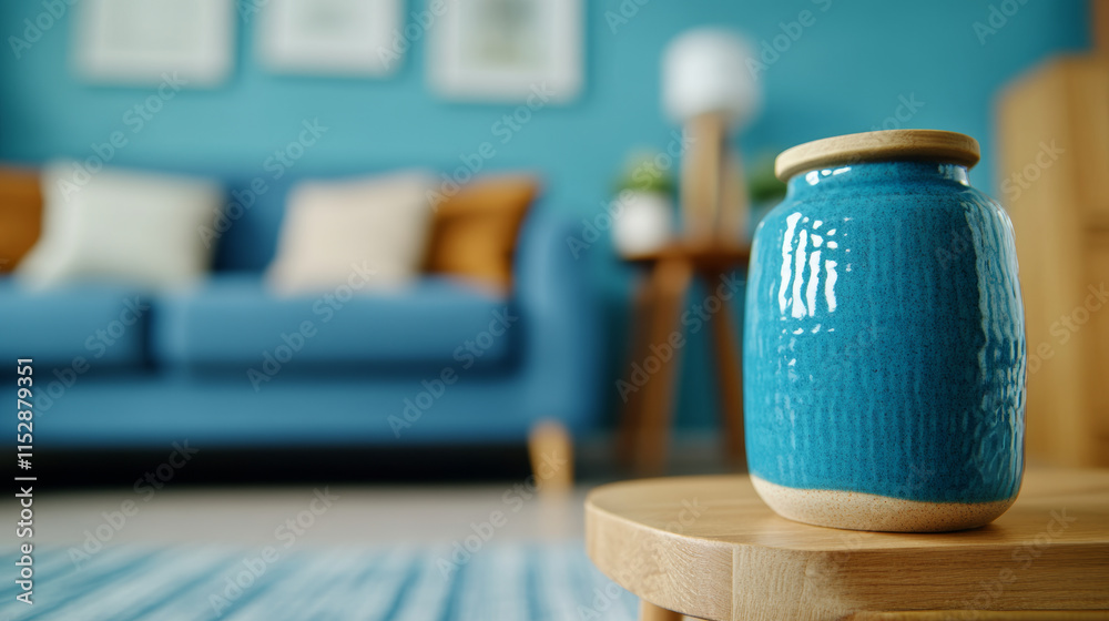 A vibrant blue ceramic jar sits on wooden table in cozy living room, featuring blue sofa and decorative elements that create warm atmosphere A vibrant blue ceramic jar sits on wooden table in cozy living room, featuring blue sofa and decorative elements that create warm atmosphere