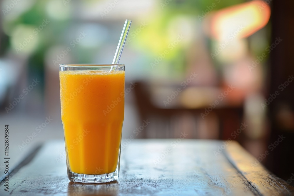 Fresh orange juice in glass on table. Fresh orange juice in glass on table.