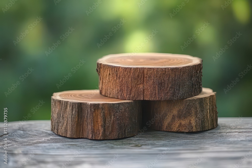 Three rustic wooden slices on weathered wood, nature background. Three rustic wooden slices on weathered wood, nature background.