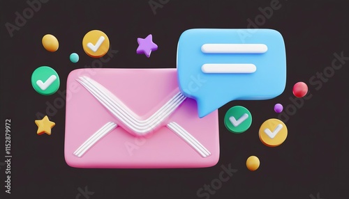 A colorful illustration of a pink envelope alongside a speech bubble, surrounded by vibrant icons representing messaging and communication.